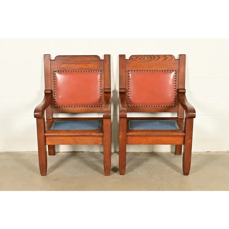 Harden Furniture Style Antique Arts & Crafts Carved Oak Library Chairs, Pair - Image 2