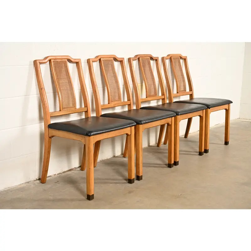 Henredon Style Mid-Century Hollywood Regency Carved Walnut and Cane Dining Chairs, Set of Four - Image 2