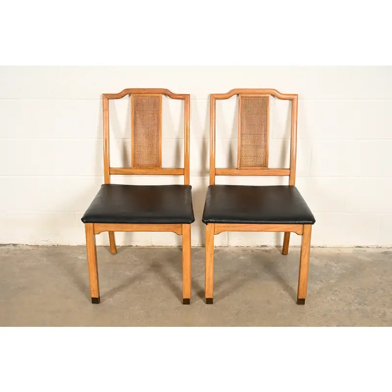 Henredon Style Mid-Century Hollywood Regency Carved Walnut and Cane Side Chairs or Dining Chairs, Pair - Image 2