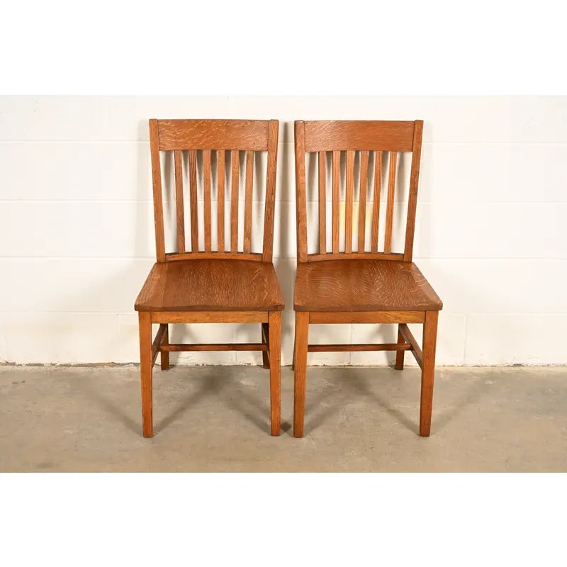 Limbert Style Antique Mission Oak Arts & Crafts Spindle Back Side Chairs or Dining Chairs, Pair - Image 2