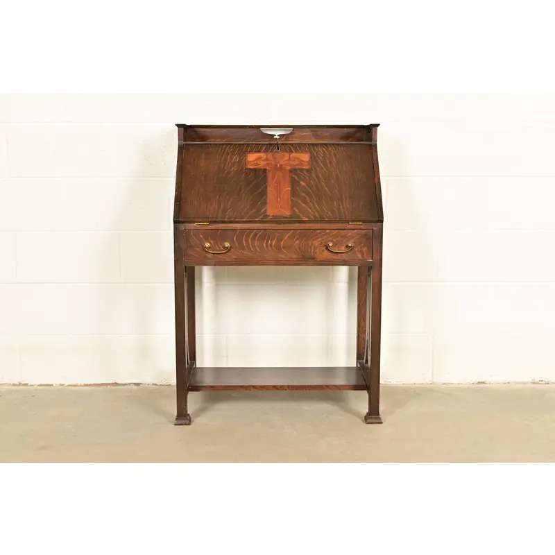Stickley Brothers Style Antique Mission Oak Arts & Crafts Drop Front Secretary Desk With Inlaid Marquetry, Circa 1910 - Image 2