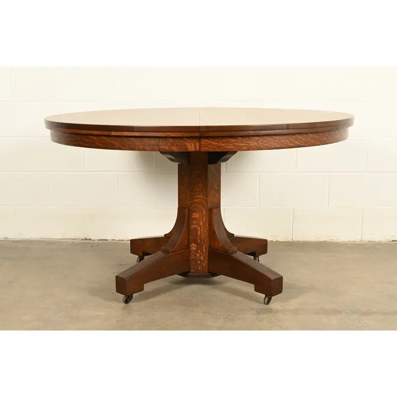 Stickley Brothers Style Antique Mission Oak Arts & Crafts Pedestal Extension Dining Table, Newly Refinished - Image 2