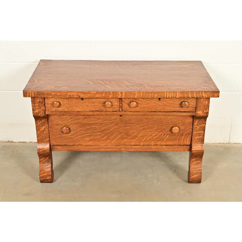 Antique American Empire Carved Tiger Oak Lowboy Dresser, Circa 1900 - Image 3