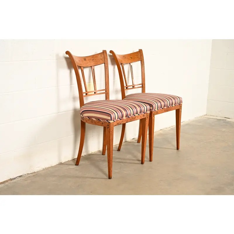 Antique Italian Regency Fruitwood Inlaid Marquetry Side Chairs or Dining Chairs, Pair - Image 3