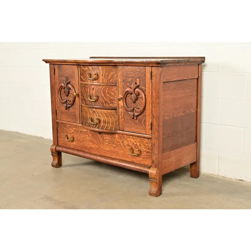 Antique Victorian Carved Tiger Oak Sideboard or Bar Cabinet, Circa 1890s - Image 3