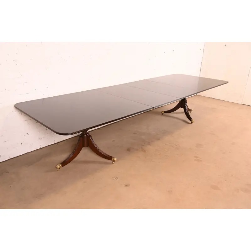 Baker Furniture Style Georgian Mahogany Double Pedestal Extension Dining Table, Newly Refinished - Image 3
