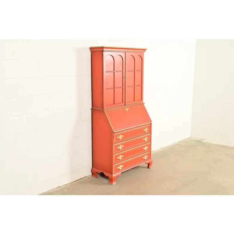 Baker Furniture Style Georgian Red Lacquered Bureau With Drop Front Secretary Desk, Circa 1970s - Image 3