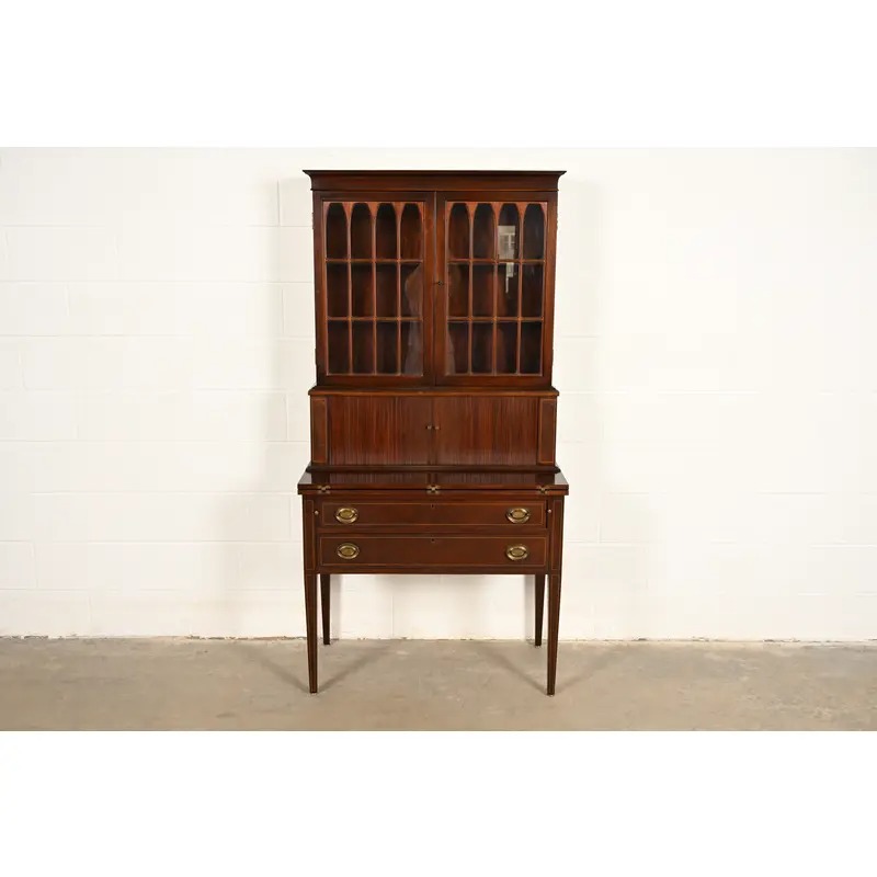 Baker Furniture Style Hepplewhite Mahogany Secretary Desk With Bookcase Hutch, Circa 1920s - Image 3