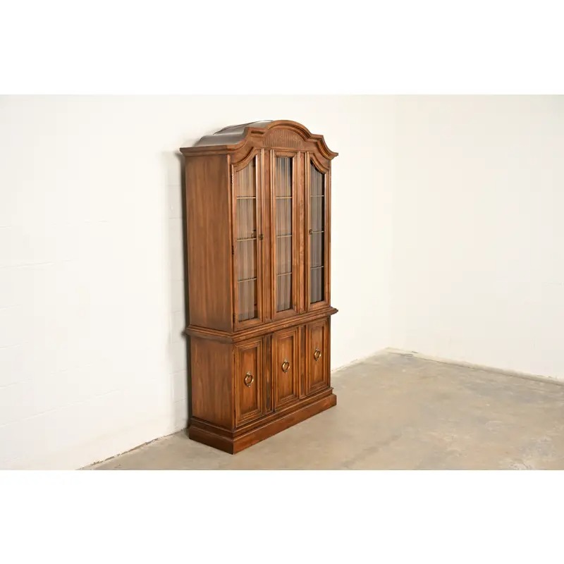 Drexel French Regency Louis XVI Carved Burled Walnut Lighted Breakfront Bookcase Cabinet, Circa 1960s - Image 3