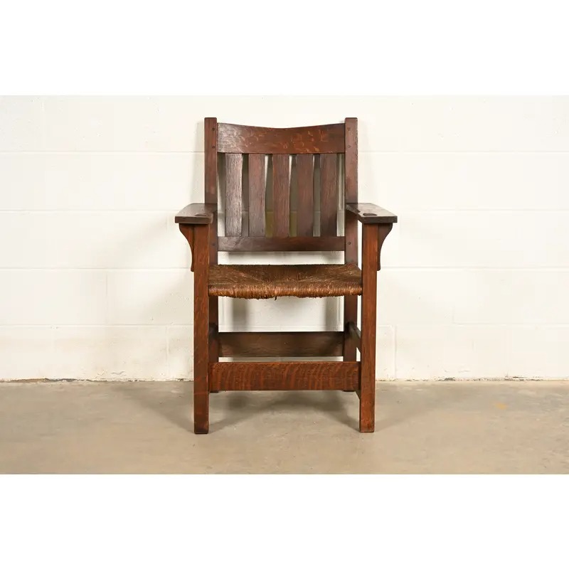 Gustav Stickley Antique Mission Oak Arts & Crafts Armchair With Rush Seat, Circa 1910 - Image 3