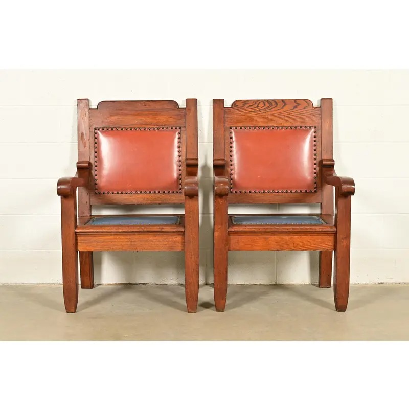 Harden Furniture Style Antique Arts & Crafts Carved Oak Library Chairs, Pair - Image 3