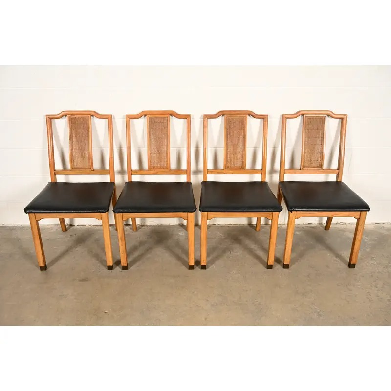 Henredon Style Mid-Century Hollywood Regency Carved Walnut and Cane Dining Chairs, Set of Four - Image 3
