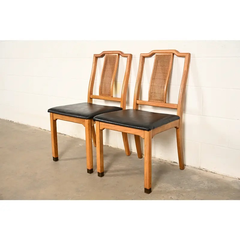 Henredon Style Mid-Century Hollywood Regency Carved Walnut and Cane Side Chairs or Dining Chairs, Pair - Image 3