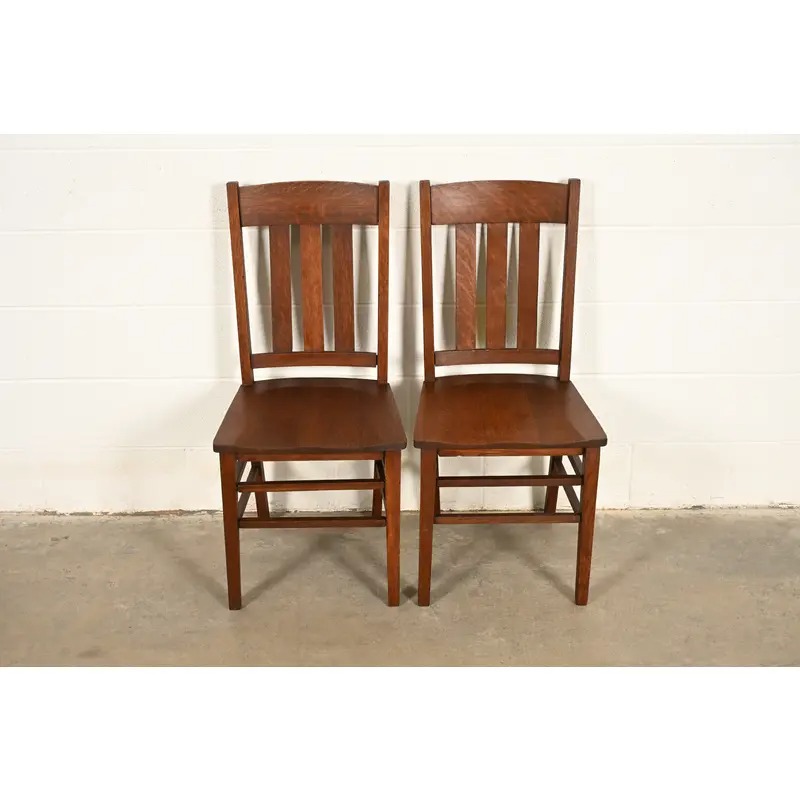 Limbert Style Antique Mission Oak Arts & Crafts Side Chairs or Dining Chairs, Pair - Image 3