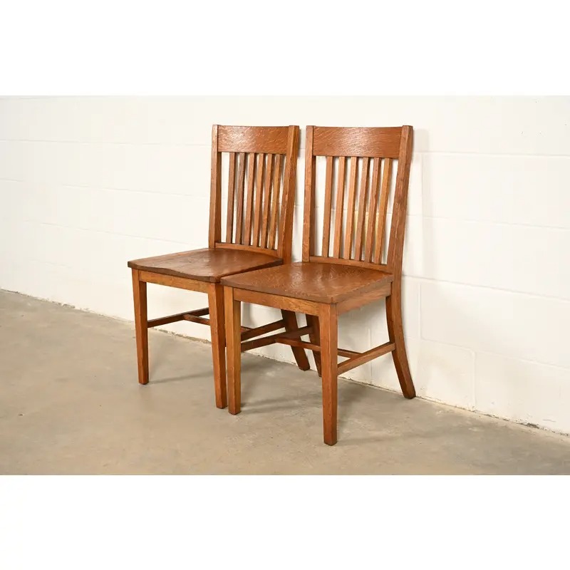 Limbert Style Antique Mission Oak Arts & Crafts Spindle Back Side Chairs or Dining Chairs, Pair - Image 3