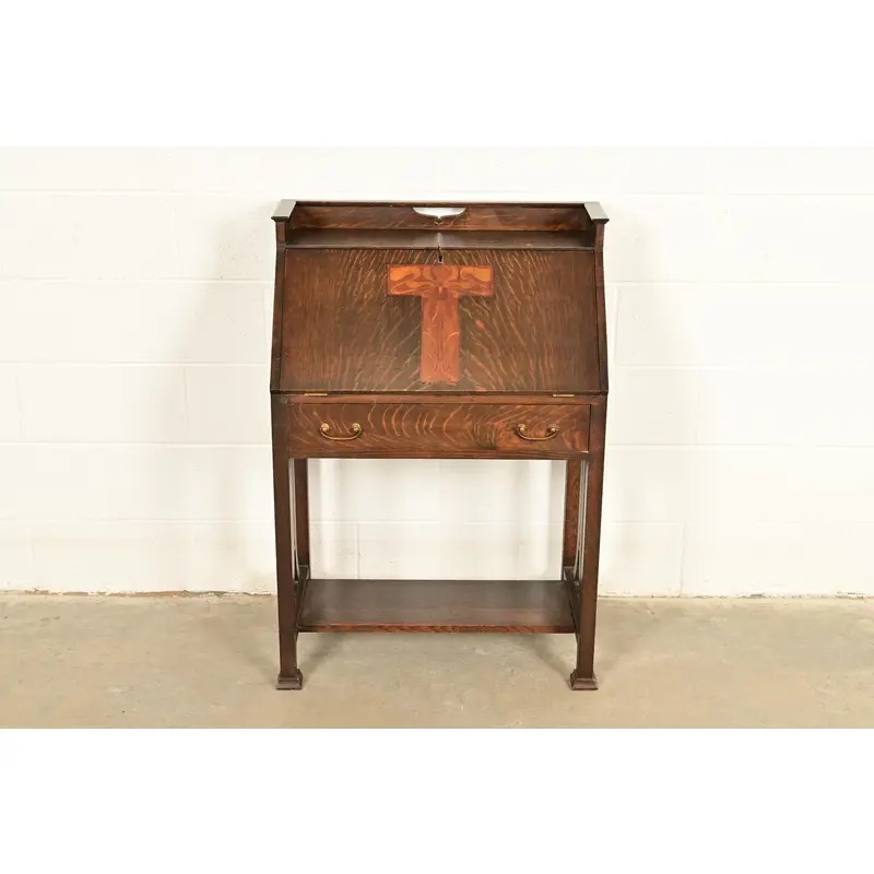 Stickley Brothers Style Antique Mission Oak Arts & Crafts Drop Front Secretary Desk With Inlaid Marquetry, Circa 1910 - Image 3