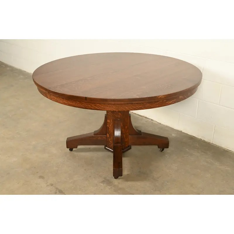 Stickley Brothers Style Antique Mission Oak Arts & Crafts Pedestal Extension Dining Table, Newly Refinished - Image 3