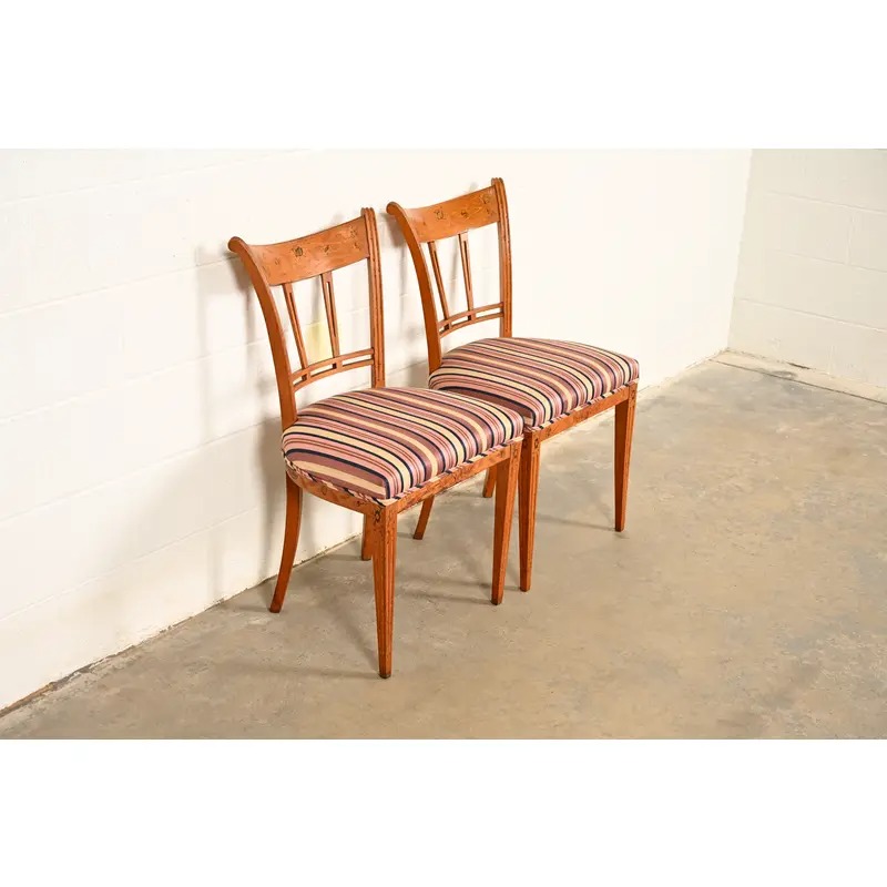 Antique Italian Regency Fruitwood Inlaid Marquetry Side Chairs or Dining Chairs, Pair - Image 4