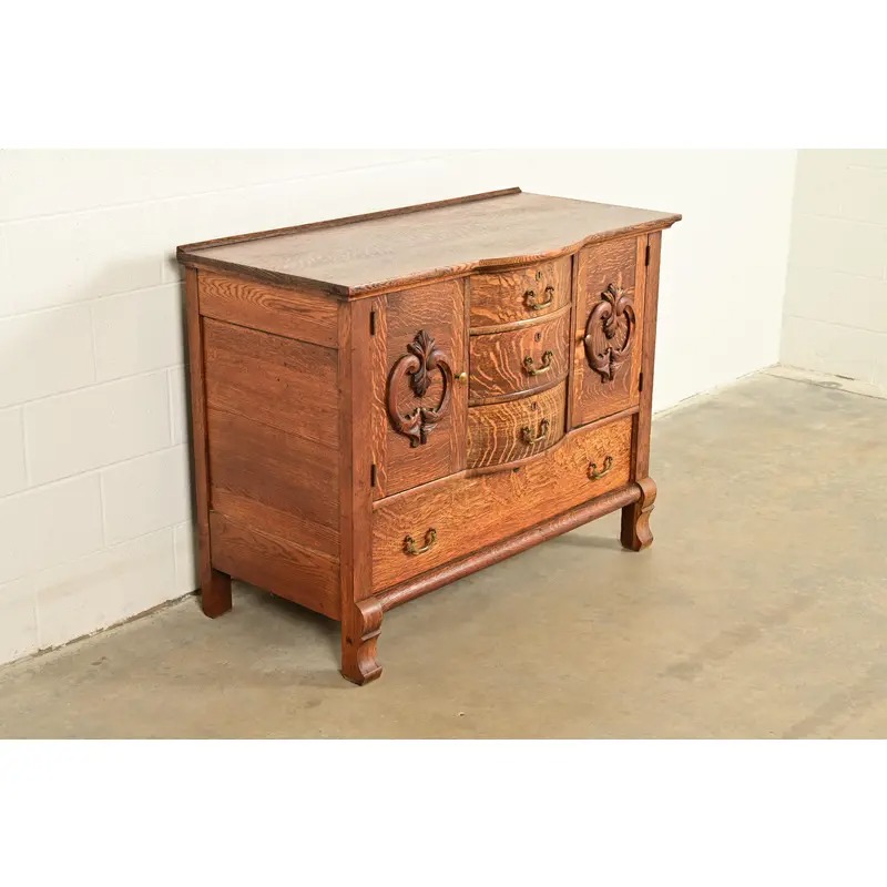 Antique Victorian Carved Tiger Oak Sideboard or Bar Cabinet, Circa 1890s - Image 4