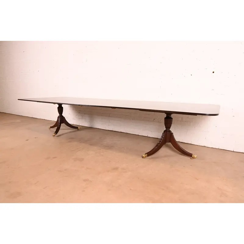 Baker Furniture Style Georgian Mahogany Double Pedestal Extension Dining Table, Newly Refinished - Image 4