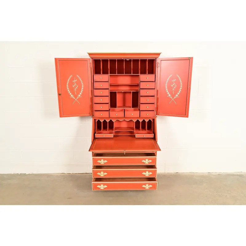 Baker Furniture Style Georgian Red Lacquered Bureau With Drop Front Secretary Desk, Circa 1970s - Image 4