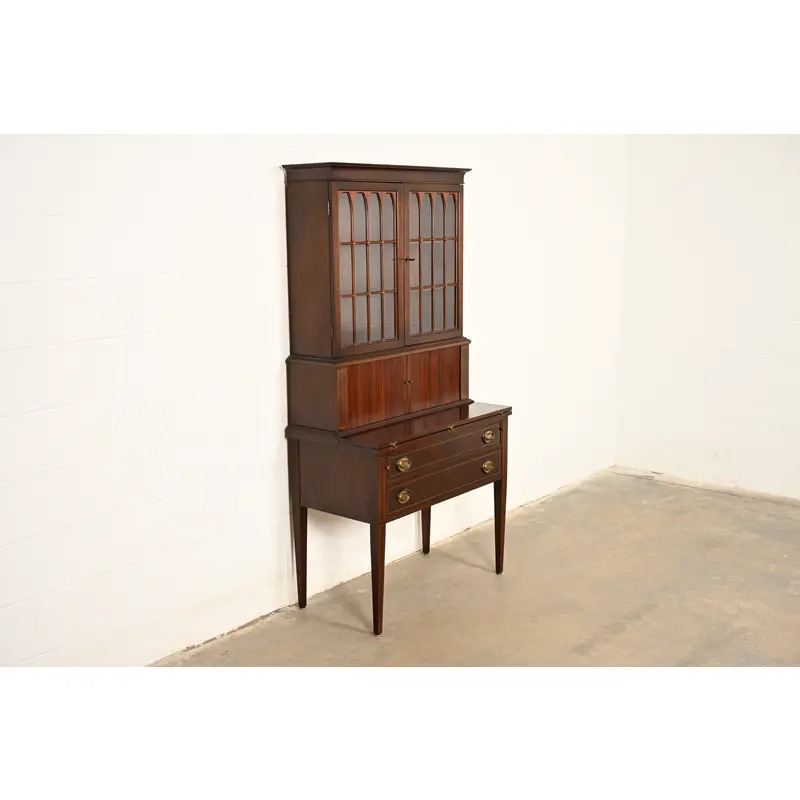 Baker Furniture Style Hepplewhite Mahogany Secretary Desk With Bookcase Hutch, Circa 1920s - Image 4