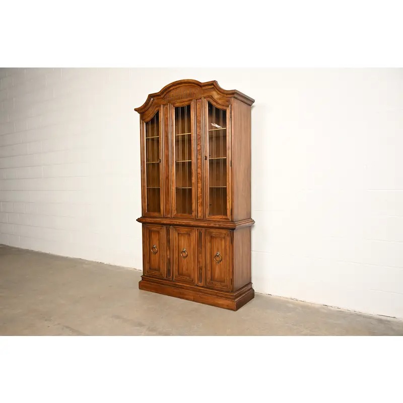 Drexel French Regency Louis XVI Carved Burled Walnut Lighted Breakfront Bookcase Cabinet, Circa 1960s - Image 4