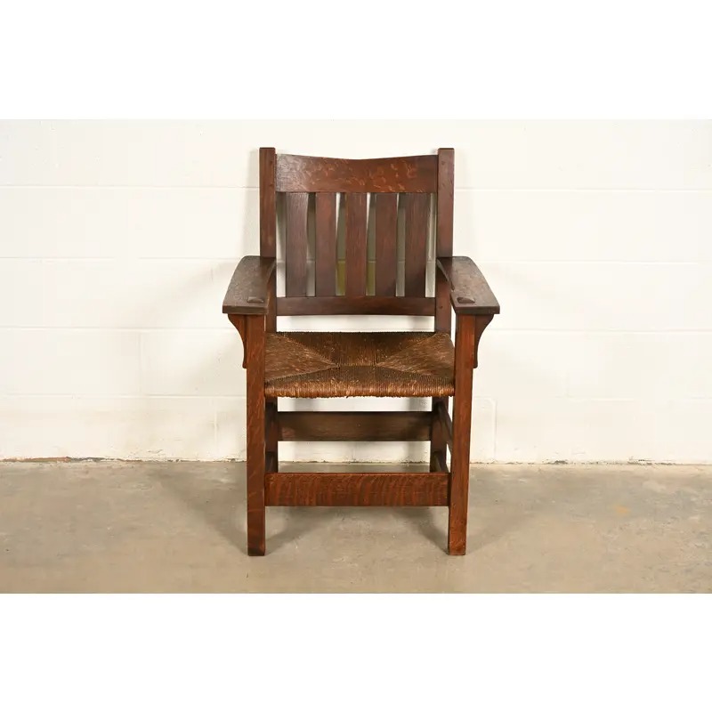 Gustav Stickley Antique Mission Oak Arts & Crafts Armchair With Rush Seat, Circa 1910 - Image 4
