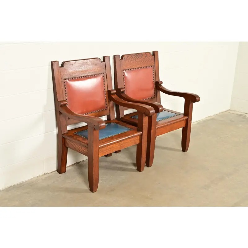 Harden Furniture Style Antique Arts & Crafts Carved Oak Library Chairs, Pair - Image 4