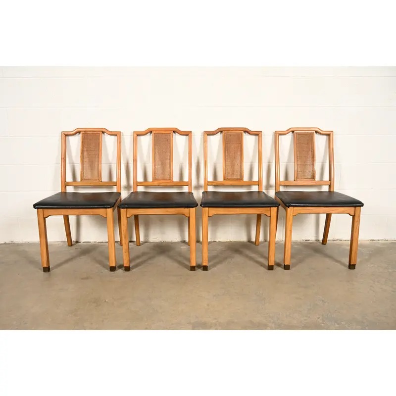 Henredon Style Mid-Century Hollywood Regency Carved Walnut and Cane Dining Chairs, Set of Four - Image 4