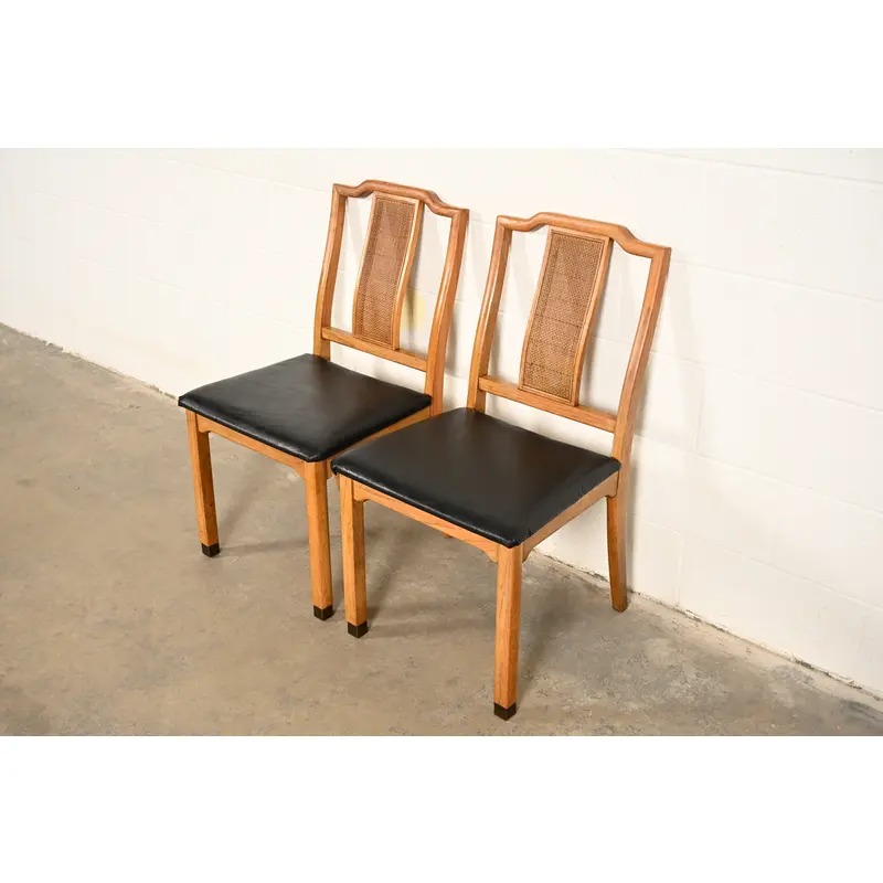 Henredon Style Mid-Century Hollywood Regency Carved Walnut and Cane Side Chairs or Dining Chairs, Pair - Image 4