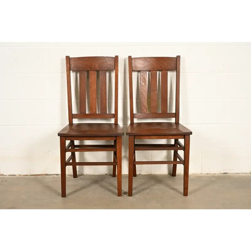 Limbert Style Antique Mission Oak Arts & Crafts Side Chairs or Dining Chairs, Pair - Image 4