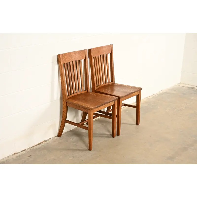 Limbert Style Antique Mission Oak Arts & Crafts Spindle Back Side Chairs or Dining Chairs, Pair - Image 4