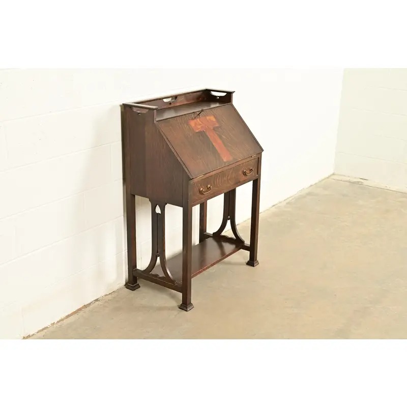 Stickley Brothers Style Antique Mission Oak Arts & Crafts Drop Front Secretary Desk With Inlaid Marquetry, Circa 1910 - Image 4