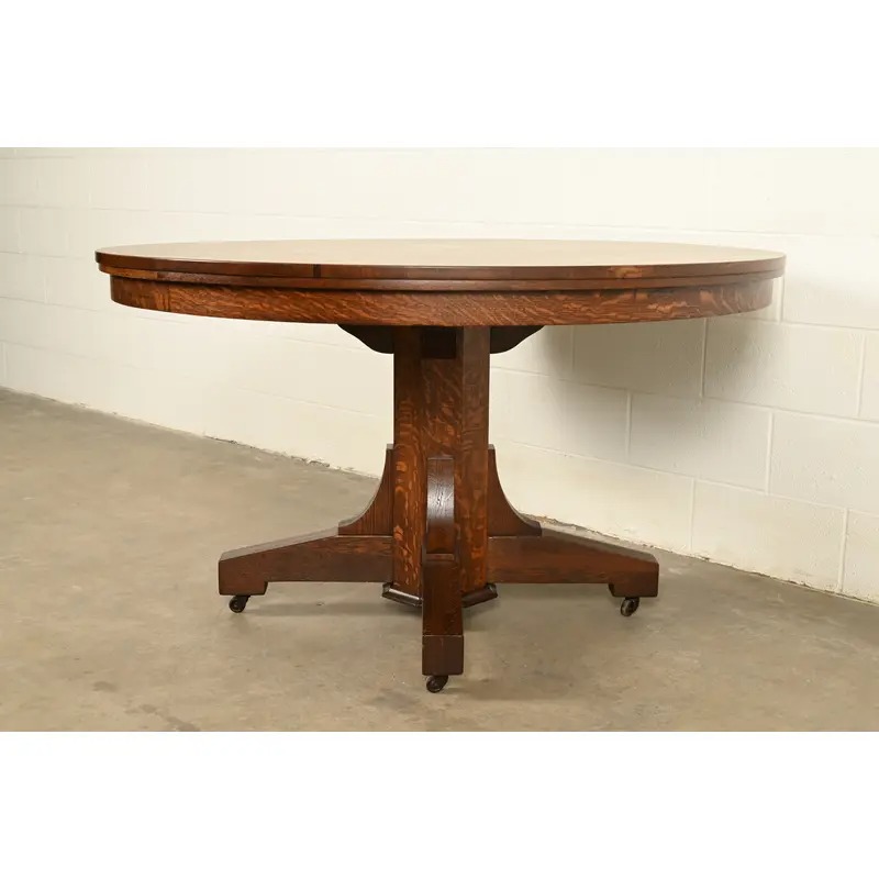 Stickley Brothers Style Antique Mission Oak Arts & Crafts Pedestal Extension Dining Table, Newly Refinished - Image 4