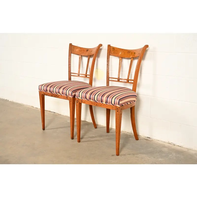 Antique Italian Regency Fruitwood Inlaid Marquetry Side Chairs or Dining Chairs, Pair - Image 5