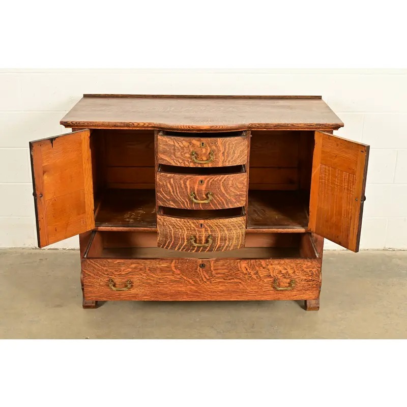 Antique Victorian Carved Tiger Oak Sideboard or Bar Cabinet, Circa 1890s - Image 5