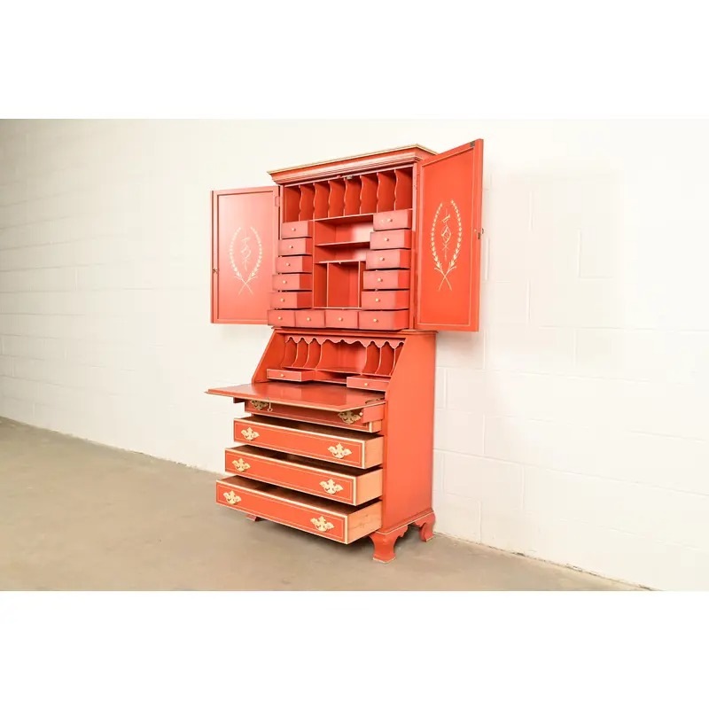 Baker Furniture Style Georgian Red Lacquered Bureau With Drop Front Secretary Desk, Circa 1970s - Image 5
