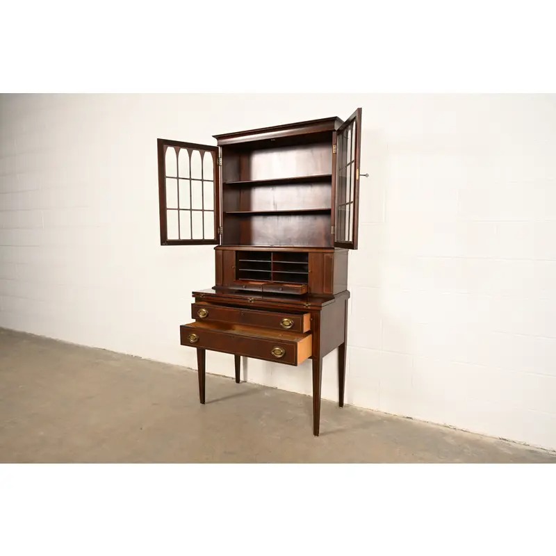 Baker Furniture Style Hepplewhite Mahogany Secretary Desk With Bookcase Hutch, Circa 1920s - Image 5