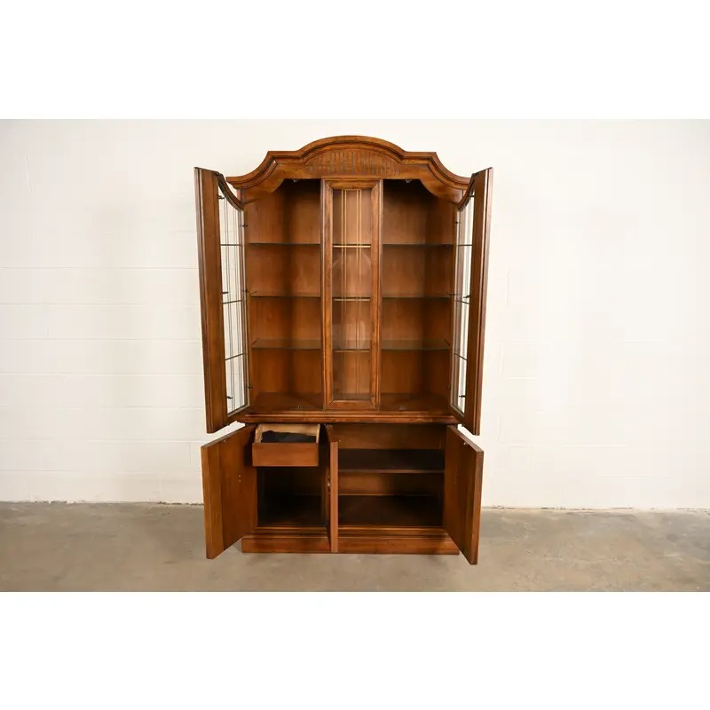 Drexel French Regency Louis XVI Carved Burled Walnut Lighted Breakfront Bookcase Cabinet, Circa 1960s - Image 5