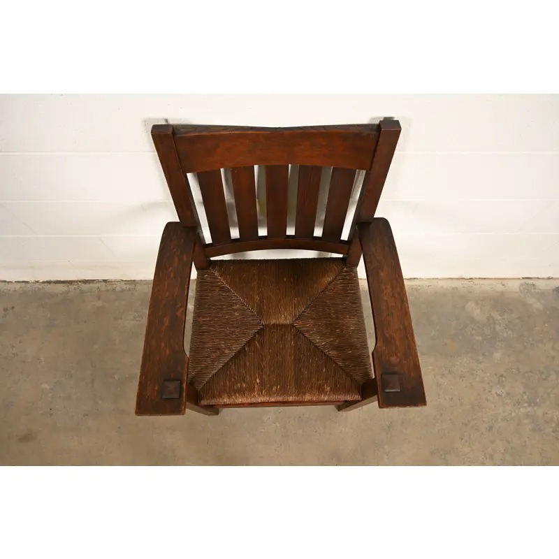 Gustav Stickley Antique Mission Oak Arts & Crafts Armchair With Rush Seat, Circa 1910 - Image 5