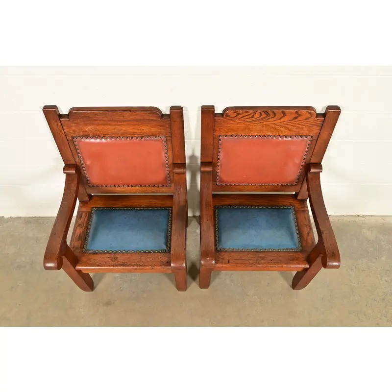 Harden Furniture Style Antique Arts & Crafts Carved Oak Library Chairs, Pair - Image 5