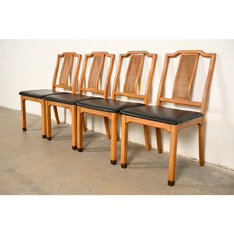 Henredon Style Mid-Century Hollywood Regency Carved Walnut and Cane Dining Chairs, Set of Four - Image 5