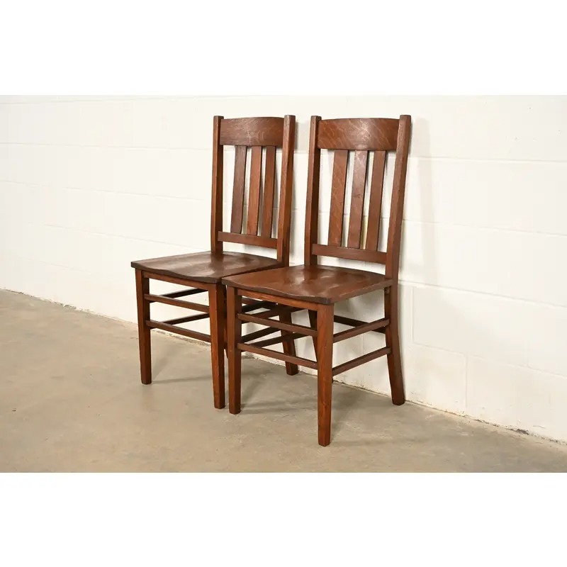 Limbert Style Antique Mission Oak Arts & Crafts Side Chairs or Dining Chairs, Pair - Image 5