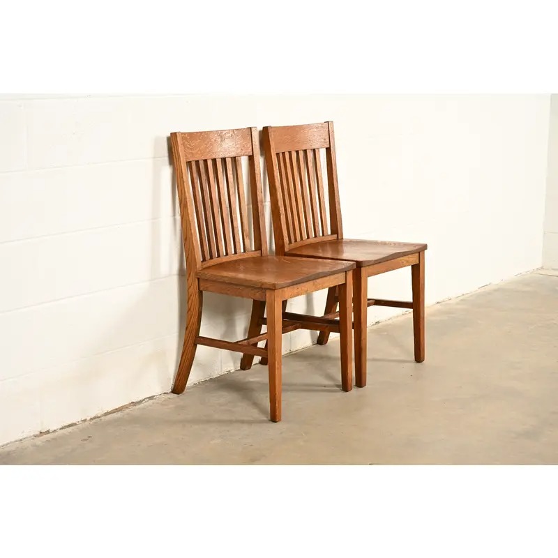 Limbert Style Antique Mission Oak Arts & Crafts Spindle Back Side Chairs or Dining Chairs, Pair - Image 5