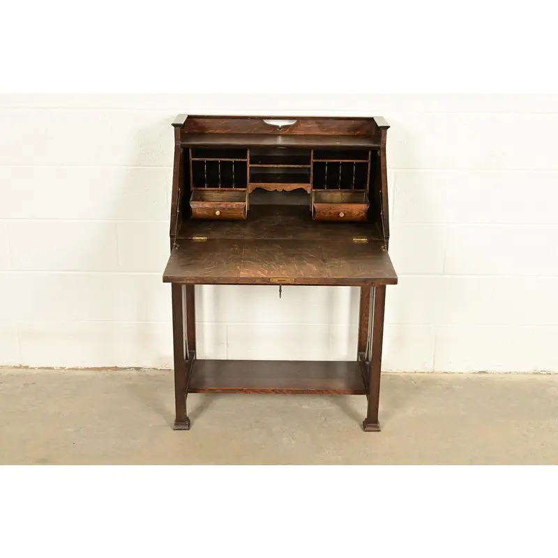 Stickley Brothers Style Antique Mission Oak Arts & Crafts Drop Front Secretary Desk With Inlaid Marquetry, Circa 1910 - Image 5