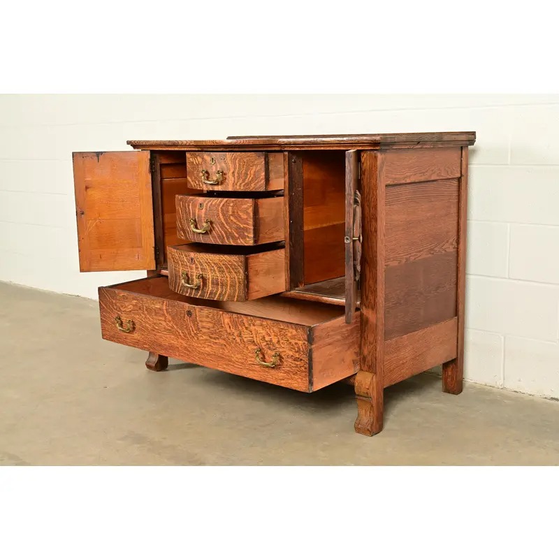 Antique Victorian Carved Tiger Oak Sideboard or Bar Cabinet, Circa 1890s - Image 6