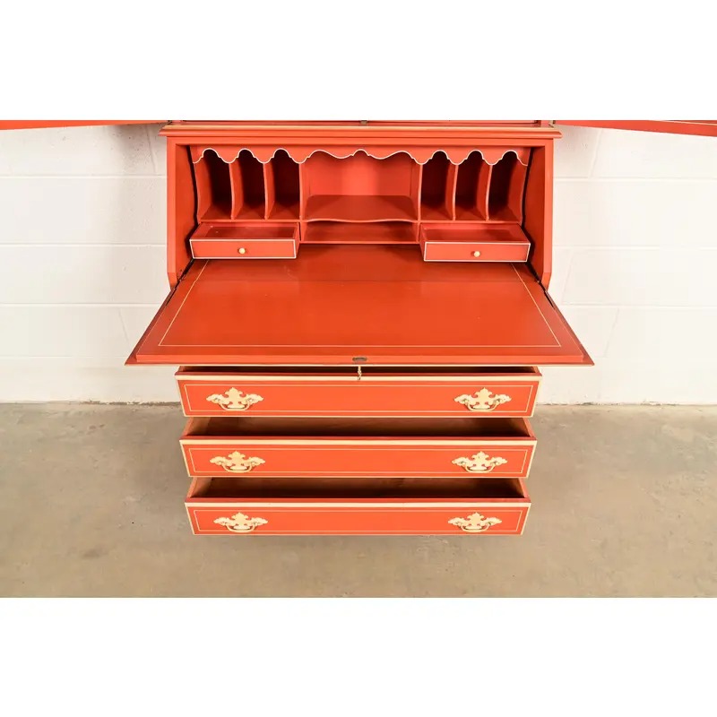 Baker Furniture Style Georgian Red Lacquered Bureau With Drop Front Secretary Desk, Circa 1970s - Image 6