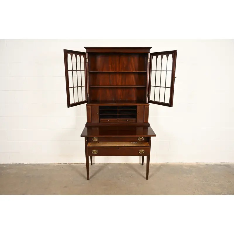 Baker Furniture Style Hepplewhite Mahogany Secretary Desk With Bookcase Hutch, Circa 1920s - Image 6