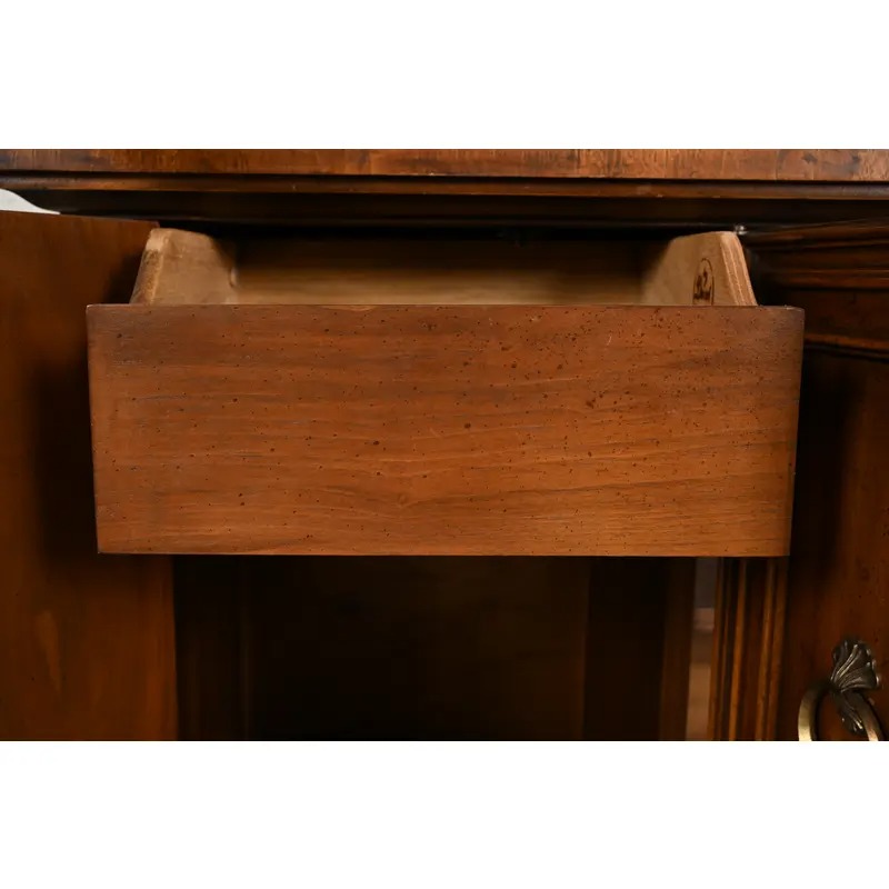 Drexel French Regency Louis XVI Carved Burled Walnut Lighted Breakfront Bookcase Cabinet, Circa 1960s - Image 6